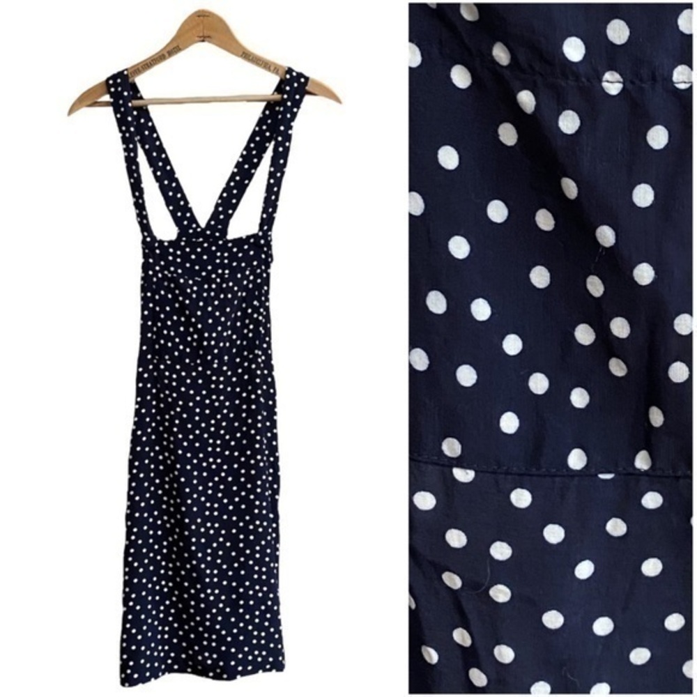 Vintage Judy Knapp California Navy Blue and White Polka Dot Overall Dress Small